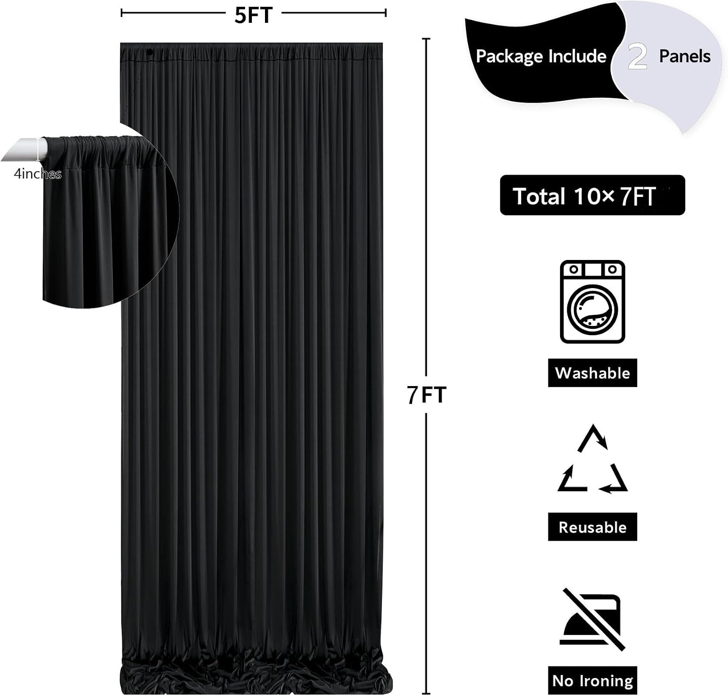 Durable Black Fabric Drapes – 10ft x 7ft Wrinkle-Free for Elegant Celebrations