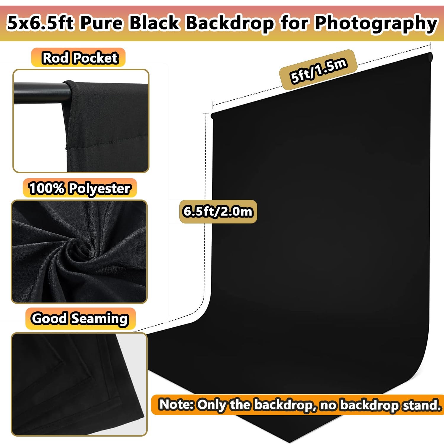 Black Backdrop for Photoshoot, 5 x 6.5ft Photography Black Photo Backdrop