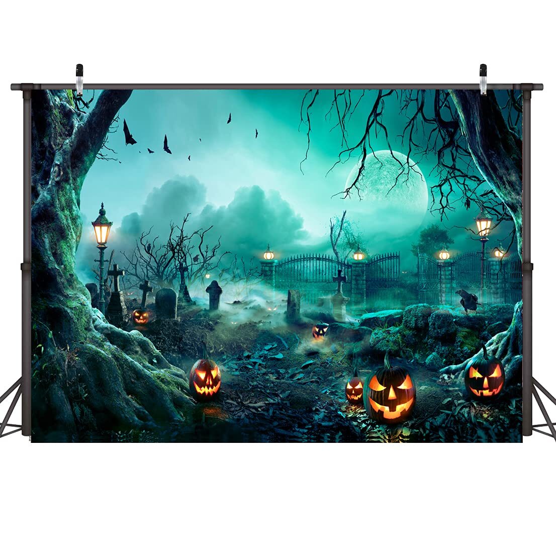 7X5FT Horror Moon Night Cemetery Backdrop Halloween Pumpkin Lantern Photo