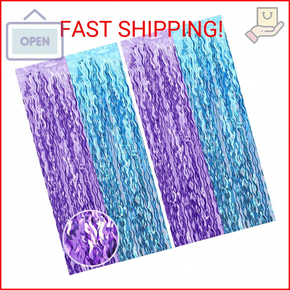 Wavy Teal Blue and Purple Tinsel Foil Fringe Curtain Photo Booth Props for Merma