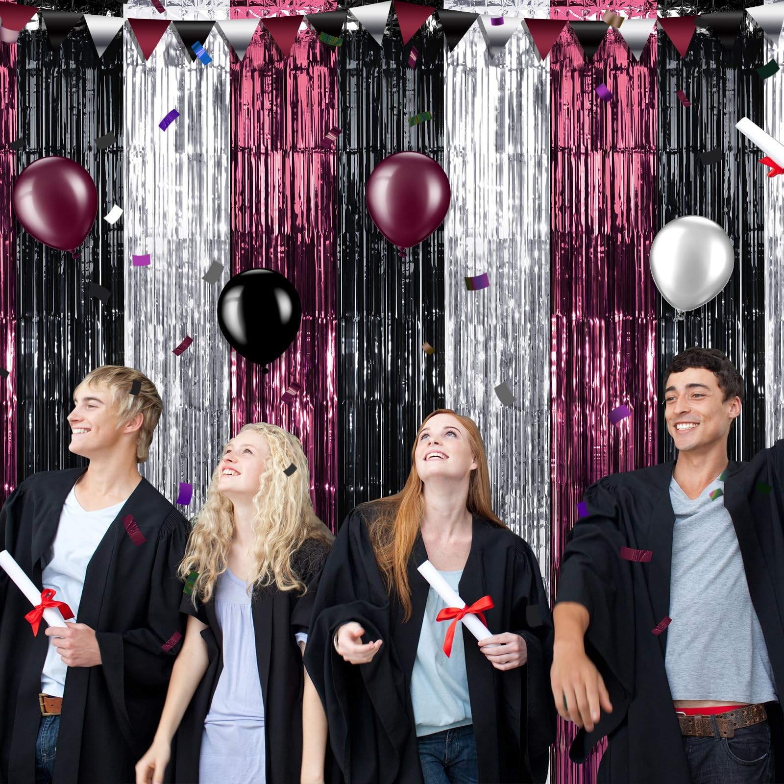 Graduation Foil Fringe Curtain Backdrop Maroon Black Silver 6.6 Ft 3 Pack