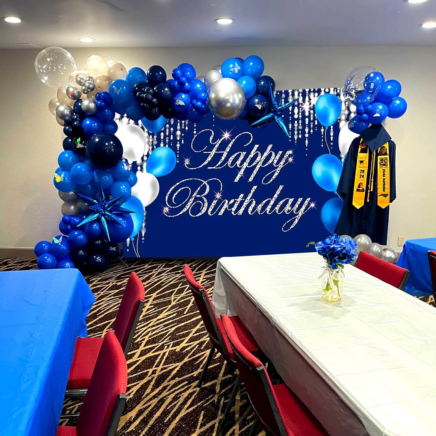 Blue and Silver Happy Birthday Backdrop Banner Sign Photo Background Party Decor