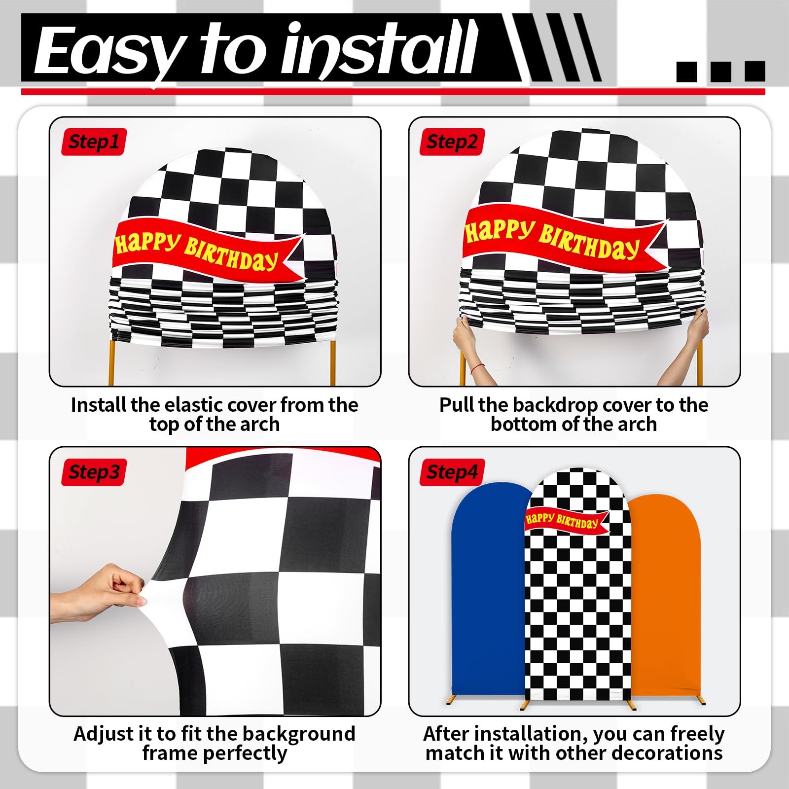3 Pcs Racing Theme Arch Backdrop Cover 4ft 5ft 6ft Black and White Chiara Hot…