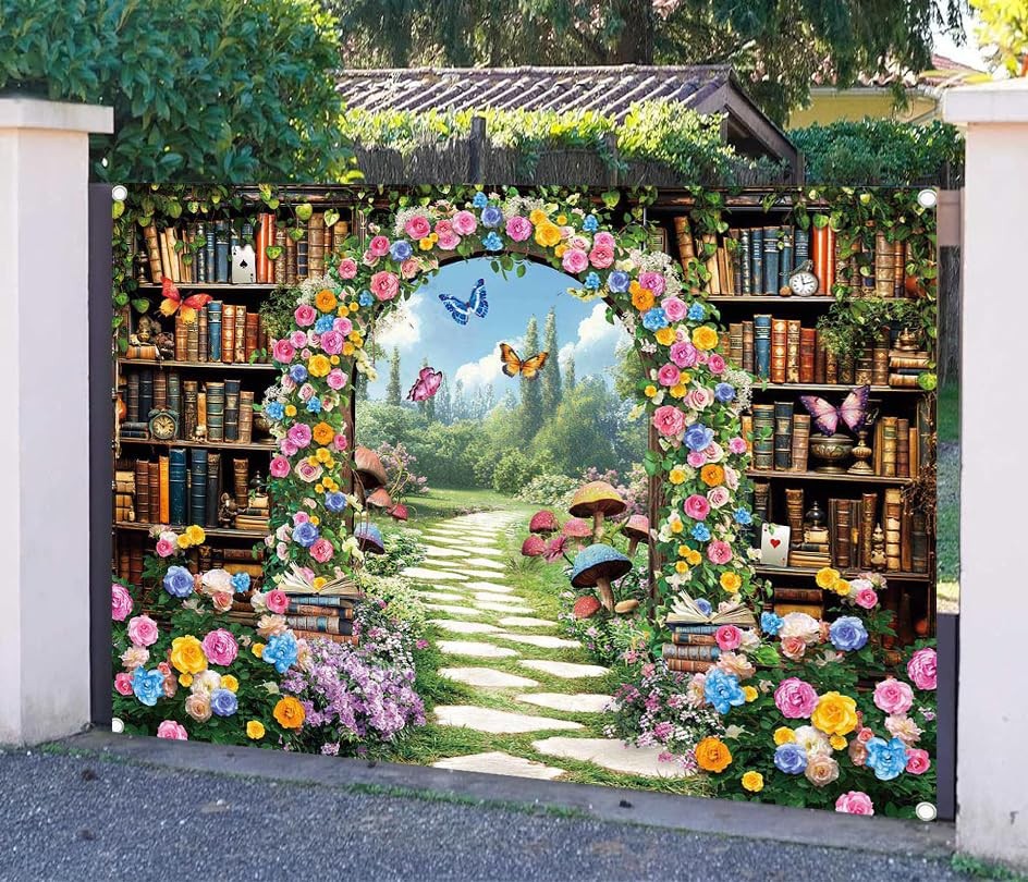 8×6 FT Fairy Garden Library Backdrop Enchanted Forest Bookshelf Decor