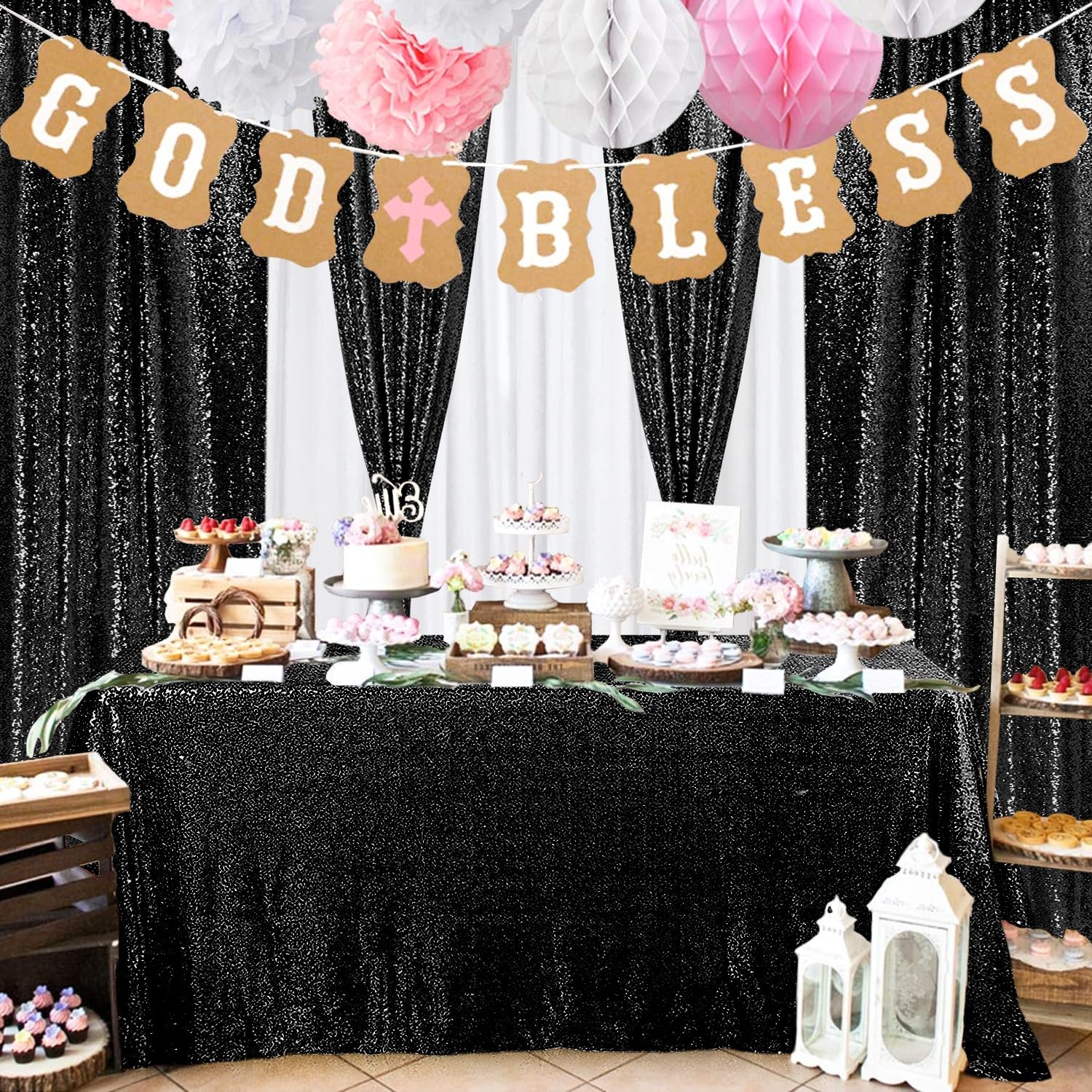 4 PCS 2x8ft Black Sequin Backdrop Curtains Glitter Photography Background Hub