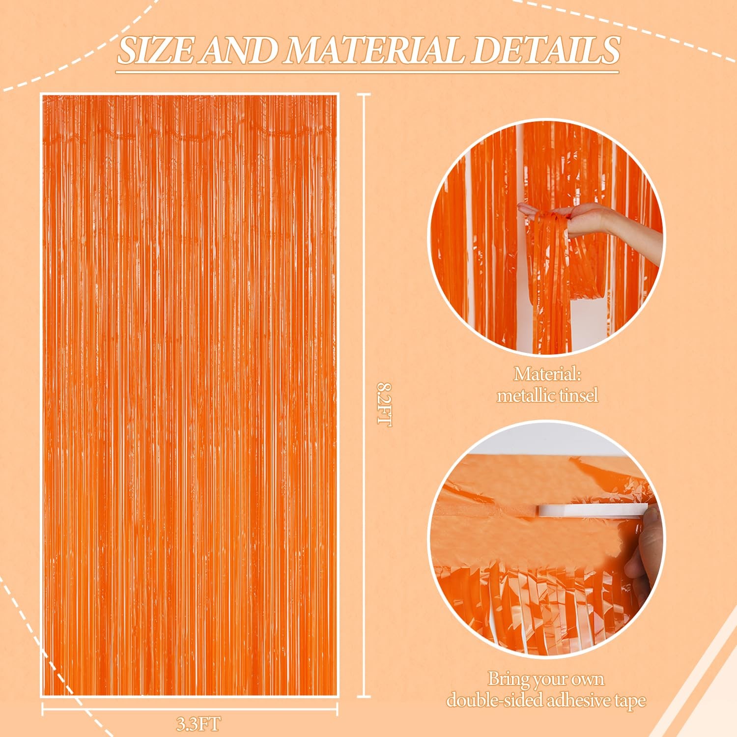 Orange Foil Fringe Backdrop 3 Pack 3.3×8.2 Ft Metallic Tinsel Curtain Party