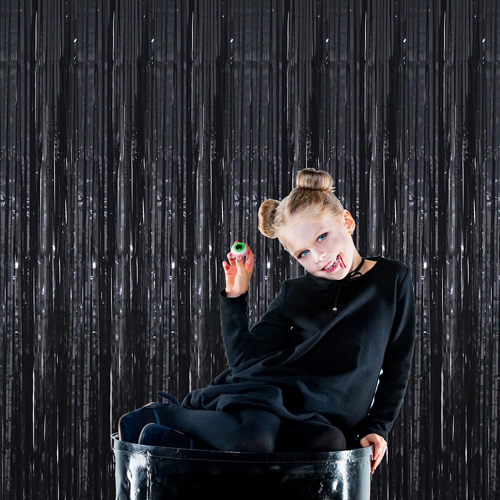 1 PCS 3.2×9.8ft Black Metallic Tinsel Foil Fringe Curtain Photo Backdrop