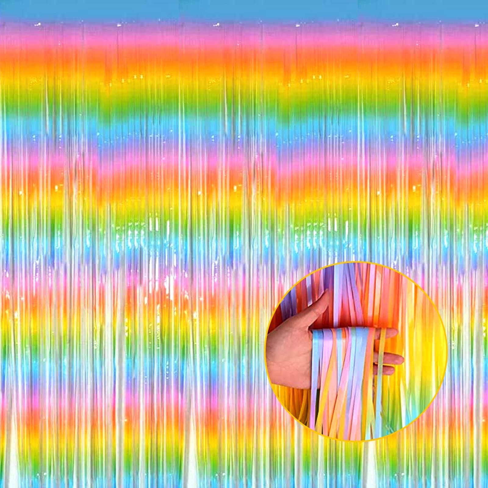 4 Pack Foil Fringe Curtain Backdrop, Metallic Tinsel, Macaron Rainbow, Decor