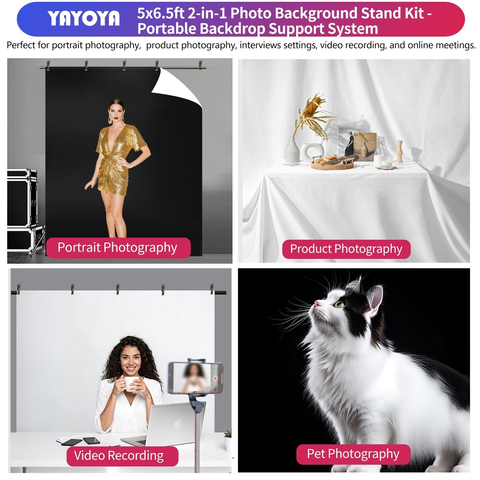 5×6.5ft Reversible Black & White Backdrop Screen Kit with T-Stand & 5 Clamps