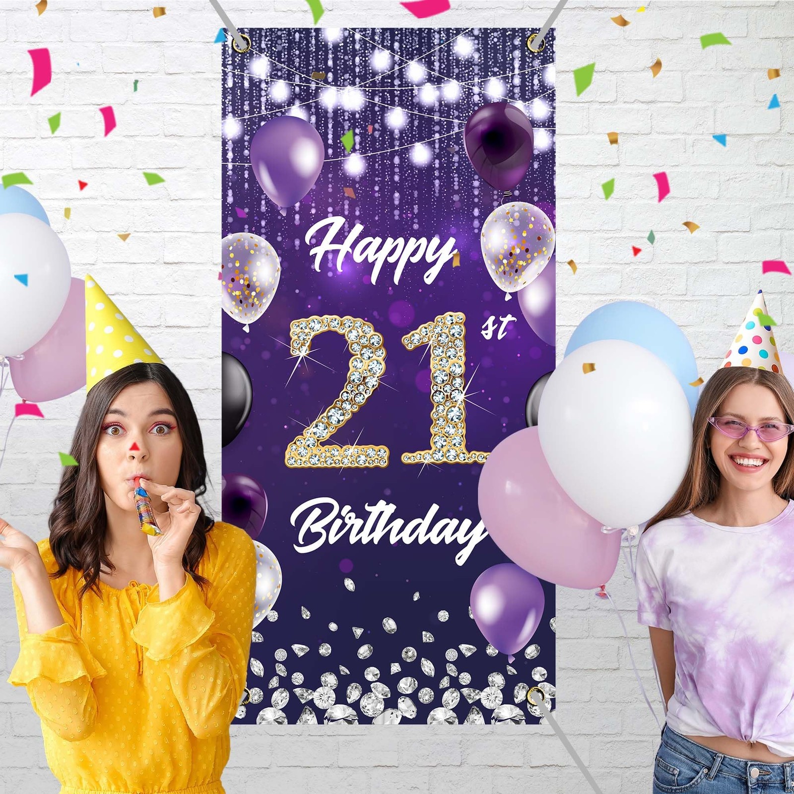 Happy 21st Birthday Backdrop Banner Purple Theme 2.95 feet x 5.98 feet, 21