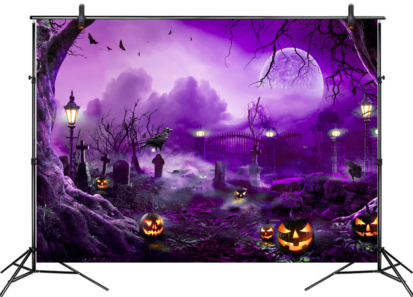 10x8ft Purple Fall Moon Crow Cemetery Halloween Photo Background Studio Props