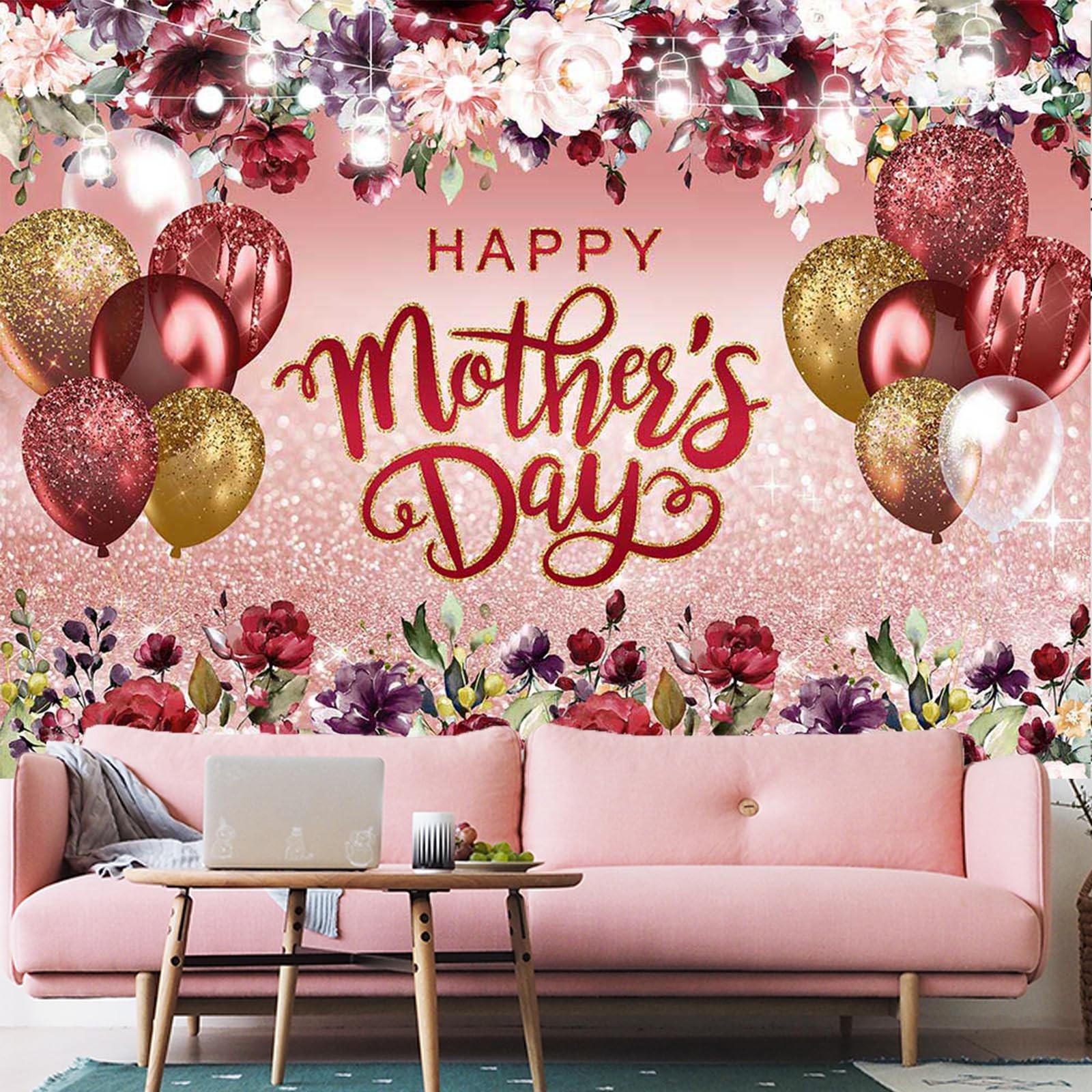 Happy Mother’s Day Backdrop Burgundy Flowers Rose Gold Glitter Photo Background