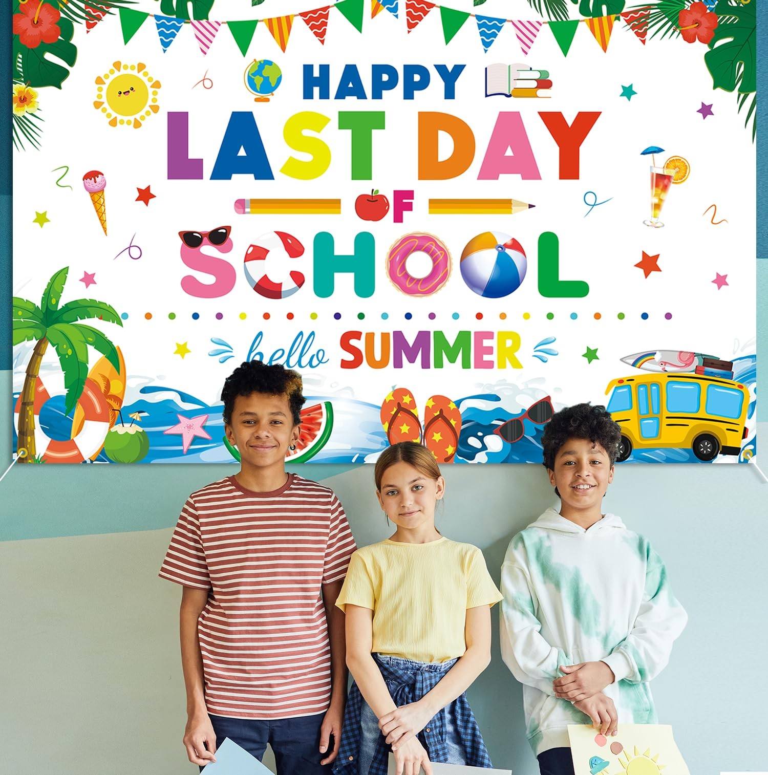 Happy Last Day of School Hello Summer Backdrop Banner End of School Year Them…