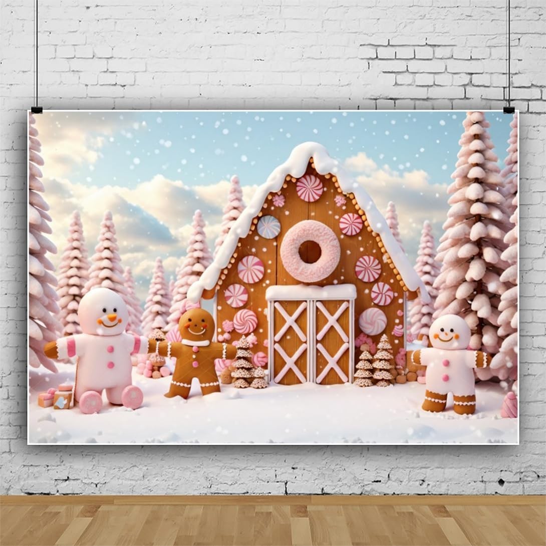 Yeele 10x8ft Christmas Village Photography Backdrop Cartoon Pink Gingerbread Man