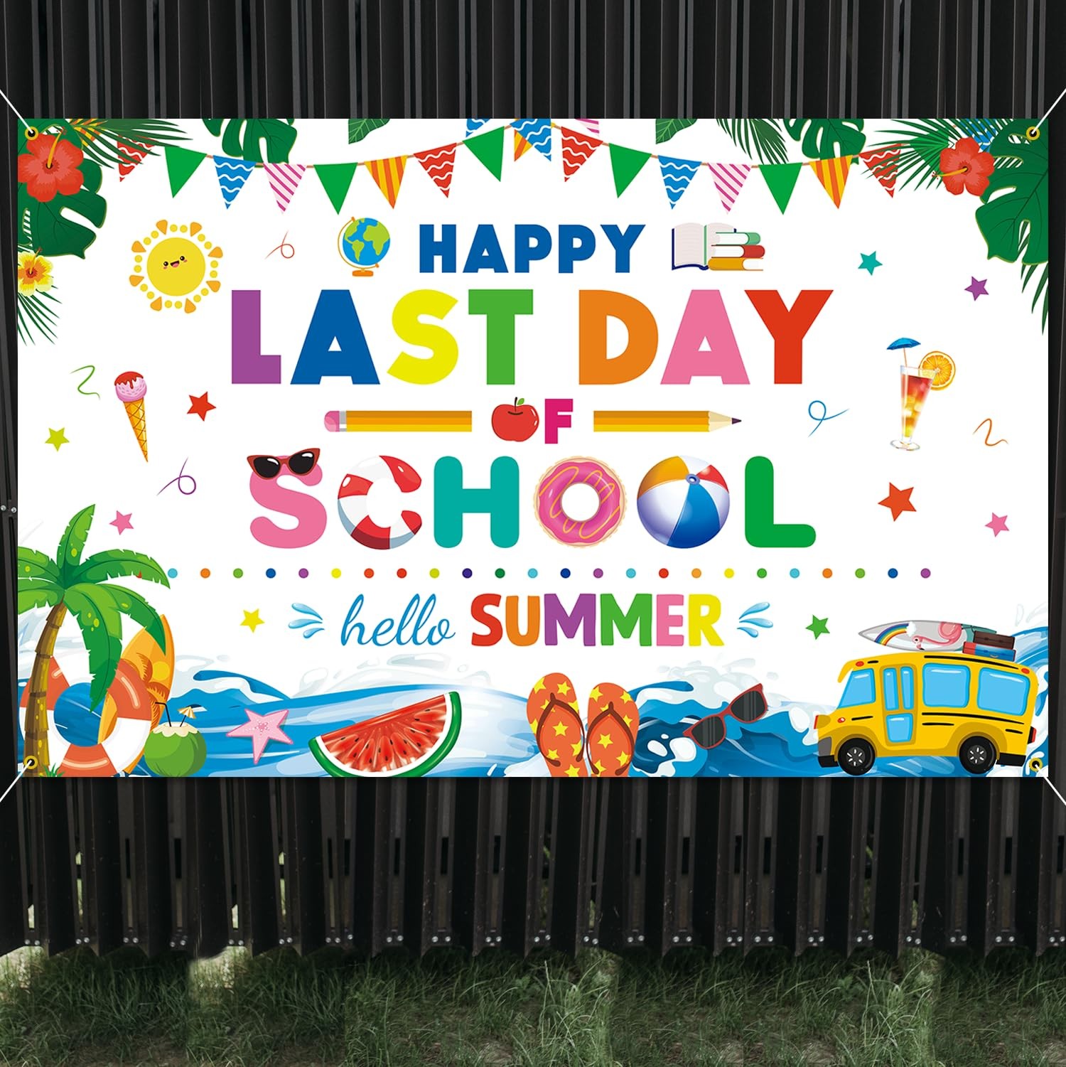 Happy Last Day of School Hello Summer Backdrop Banner End of School Year Them…
