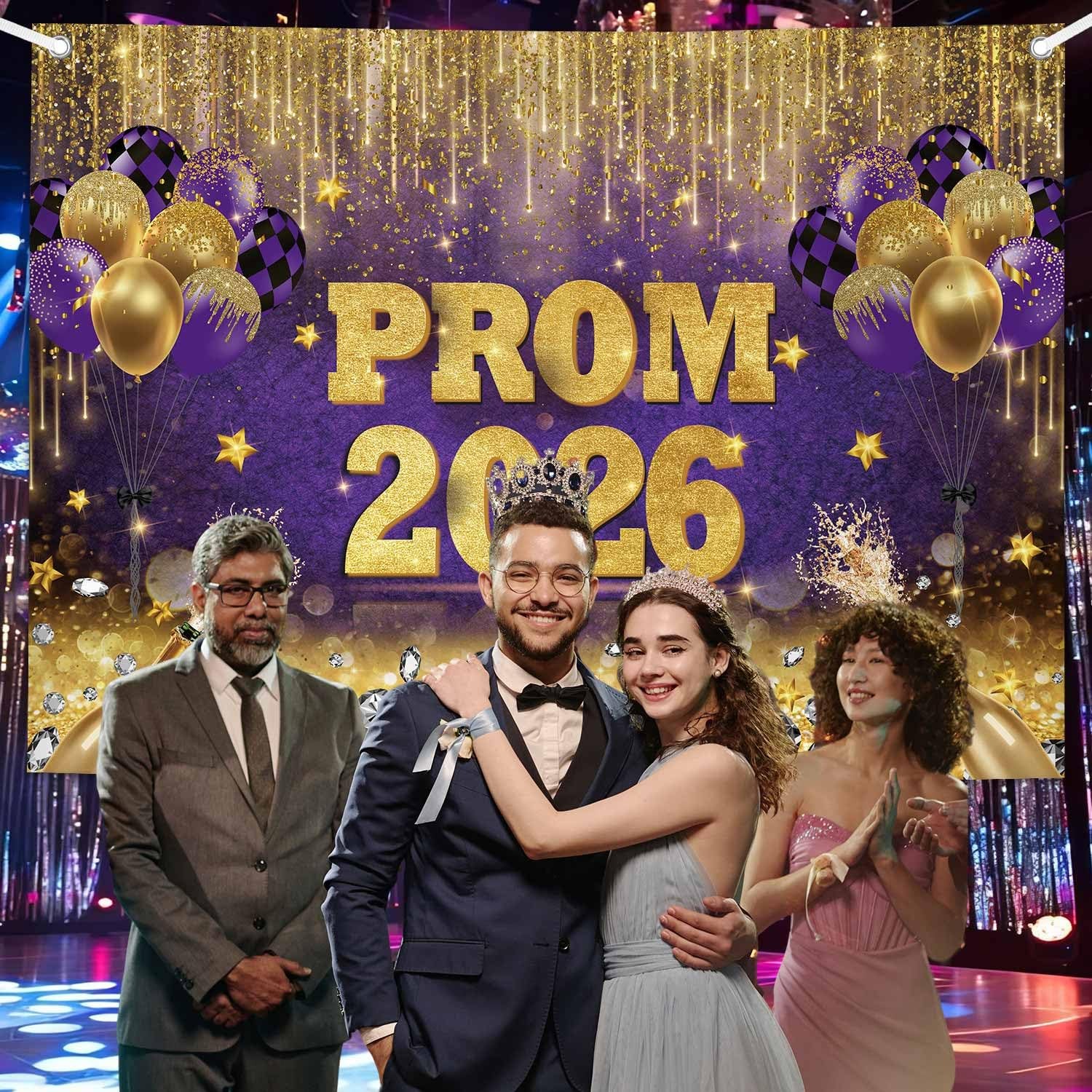7x5ft Prom 2026 Congrats Grad Backdrop Purple Gold Glitter Graduation Photograph