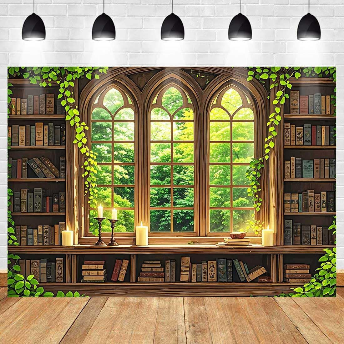 Vintage Wooden Bookshelf Backdrop for Photography Retro Library Window Green
