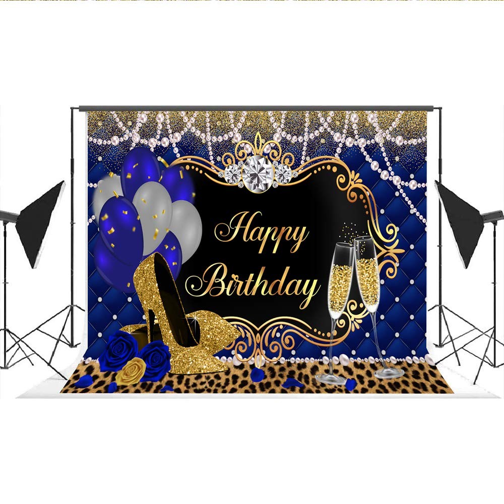 Gold and Royal Blue Birthday Backdrop for Women Happy Birthday Party Backgrou…
