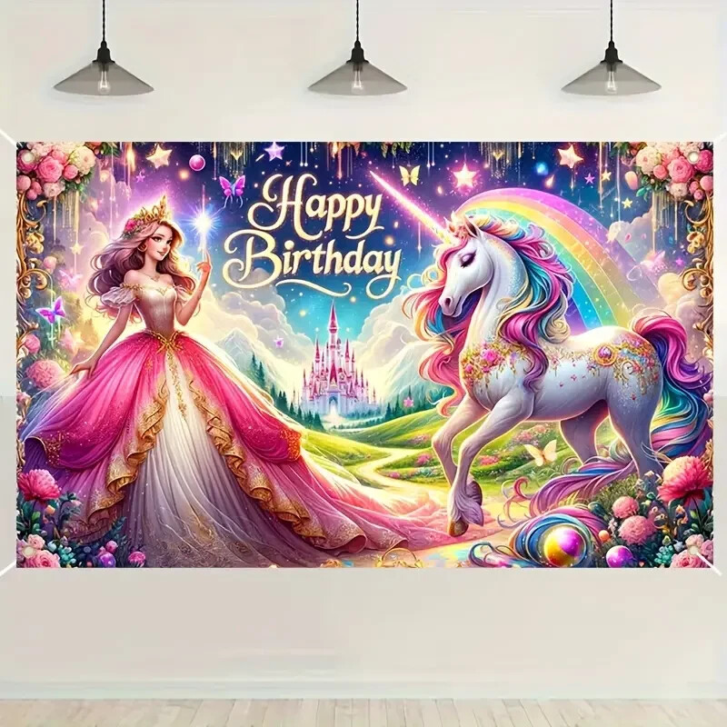 1pc, Princess-themed Castle Birthday Banner, Unicorn-themed Birthday Backdrop