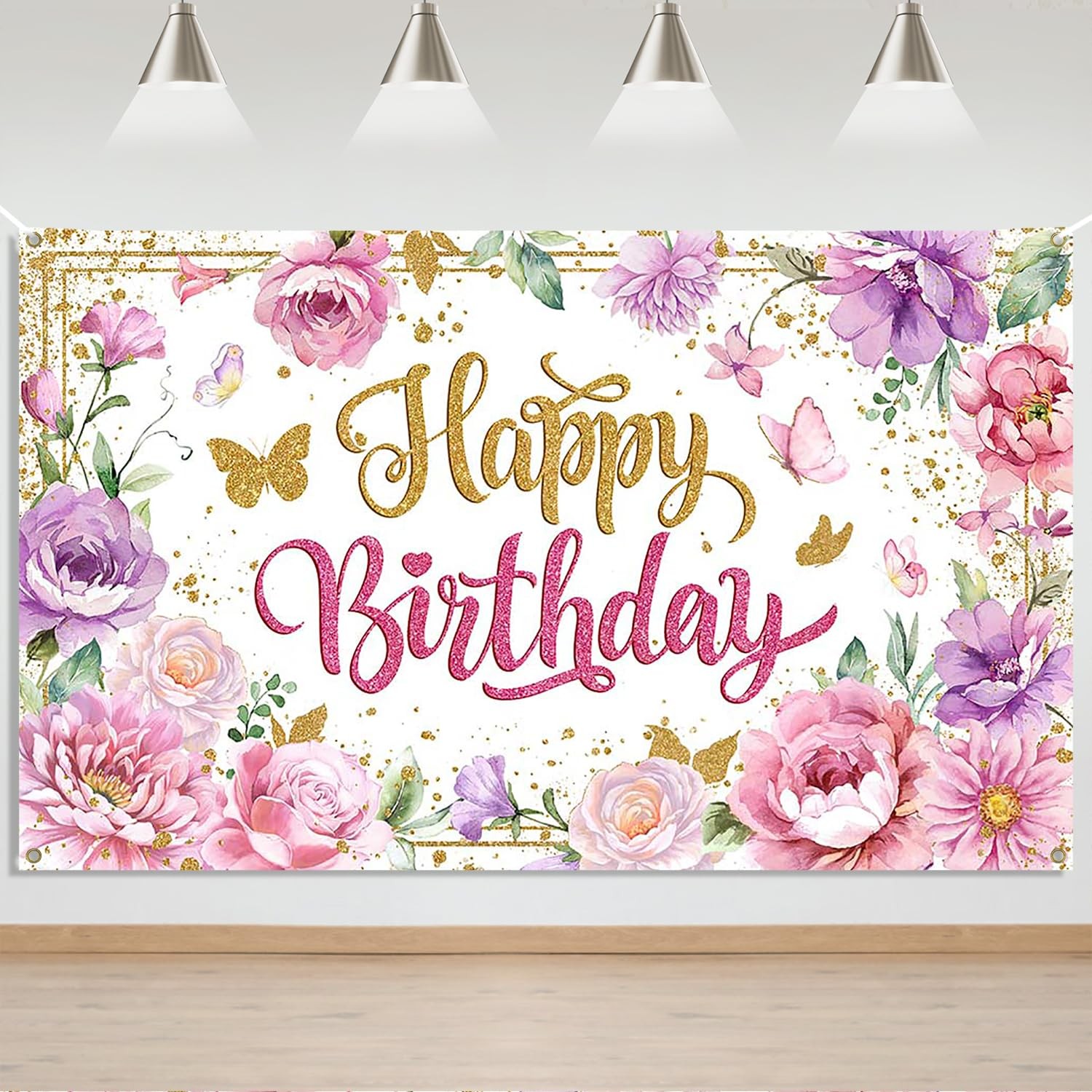 Happy Birthday Backdrop for Women Pink Floral Happy Birthday Party Decorations..