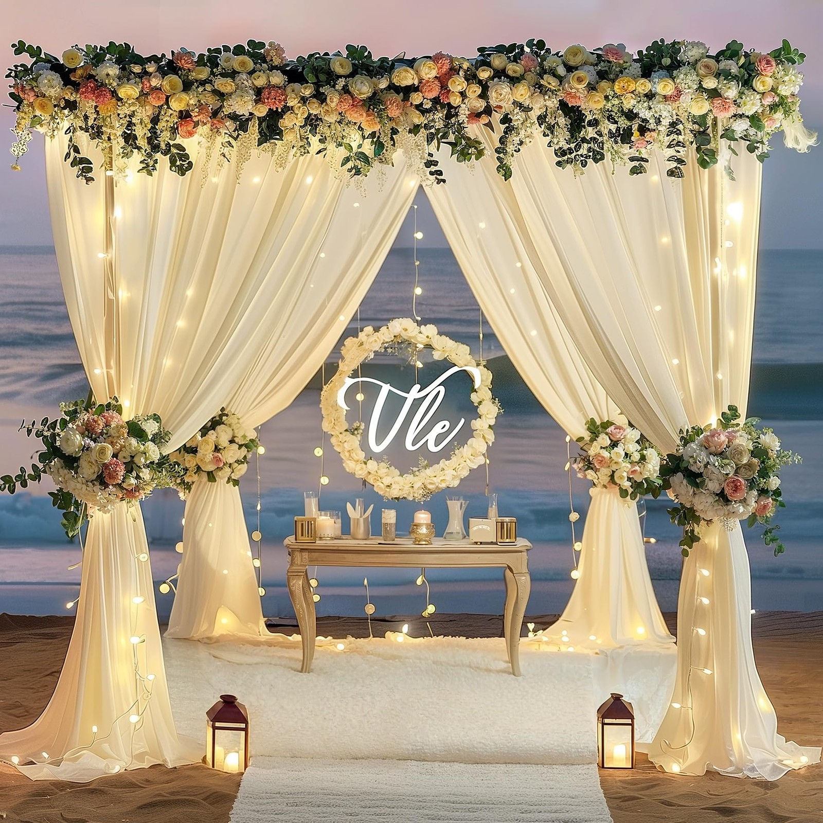 2 Panels Ivory Backdrop Curtains, 10x10ft, String Lights, Wrinkle Free Drapes