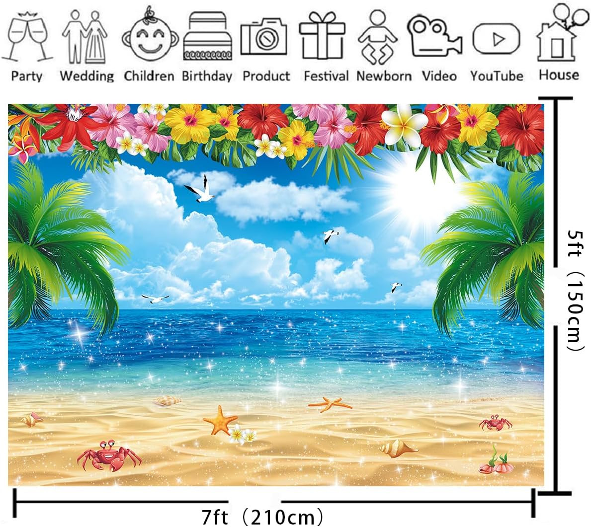 XCKALI Summer Hawaiian Beach Backdrop Tropical Flower Palm Ocean Birthday