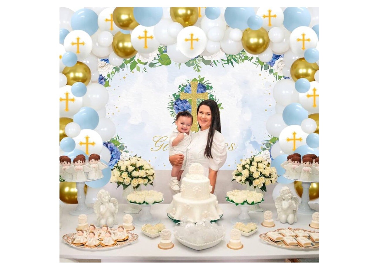 First Communion Decor for Boys God Bless Party Decoration backdrop blue +gift
