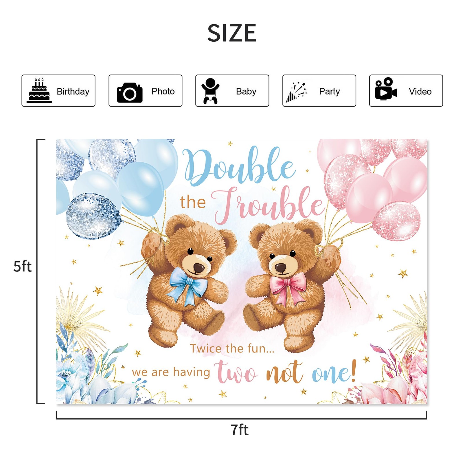 7Wx5H Feet Double The Trouble Twins Baby Shower Gender Reveal Backdrop