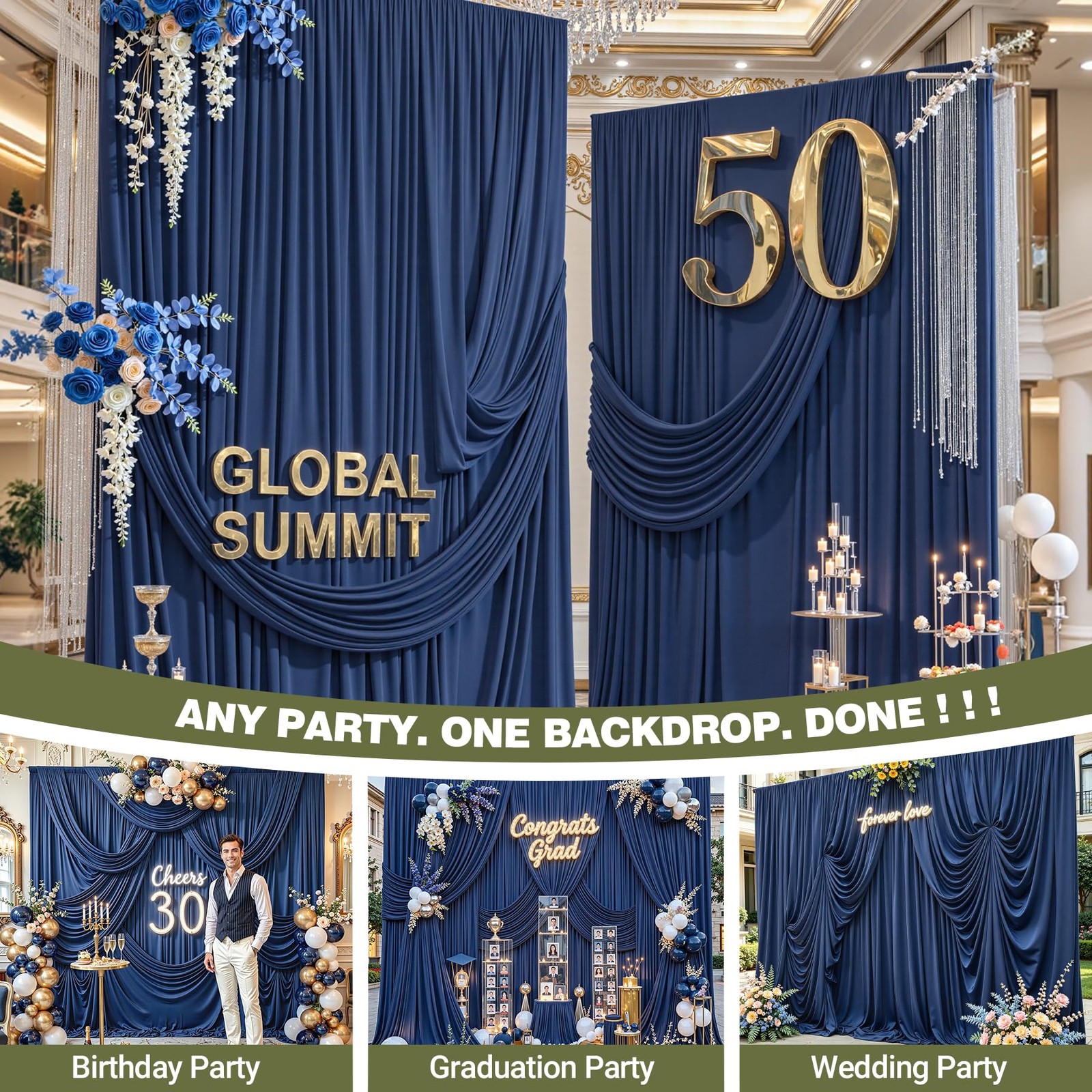 40x10ft Wrinkle Free Navy Blue Backdrop W4 x H10′(10 Panels),