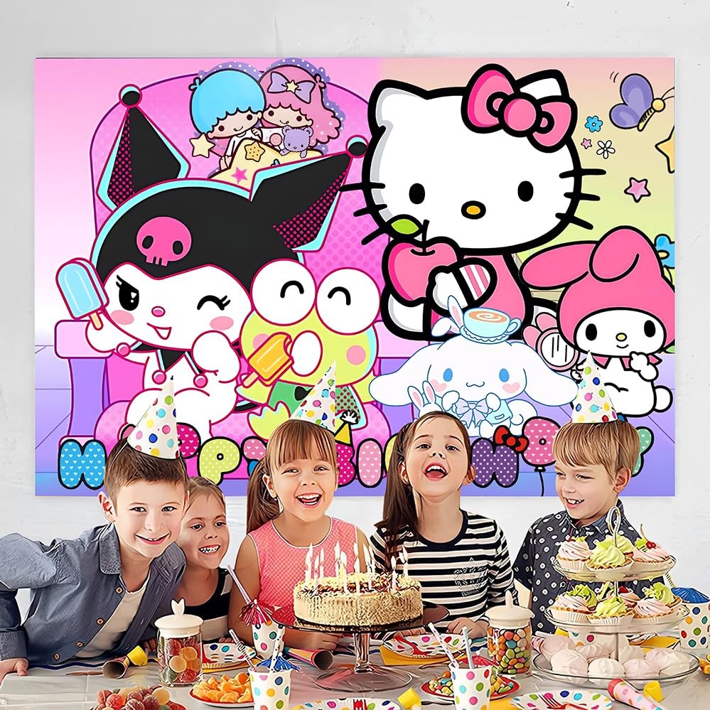 Kawaii And Friends Decorations Happy Banner Backdrop for Party Supplies (5x3ft)