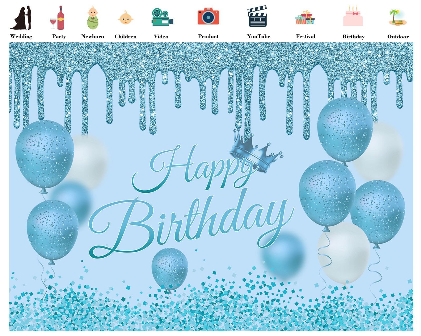 10x8ft Light Blue Happy Birthday Backdrop for Girls Boys Party Background Banner