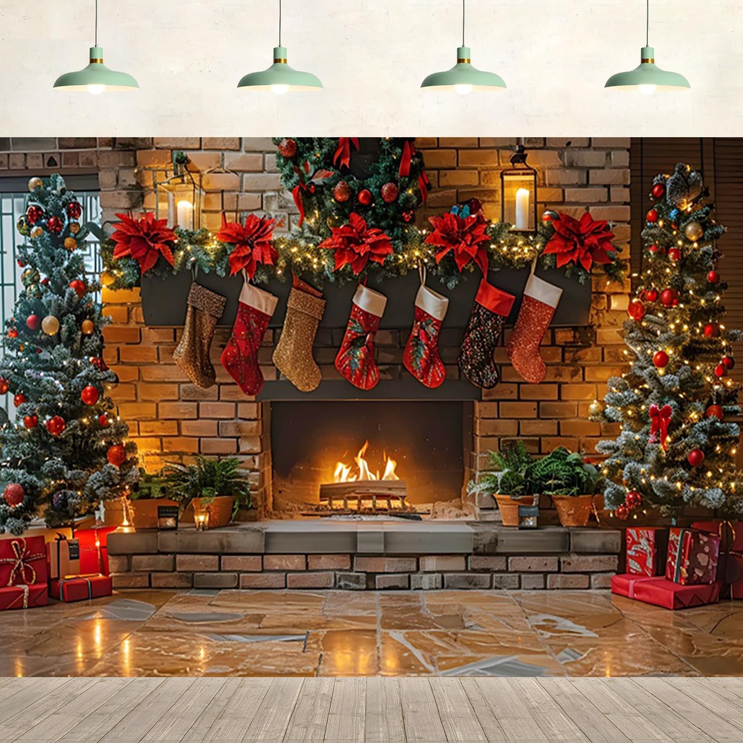7x5ft Christmas Fireplace Backdrop Tree Xmas 7x5ft, red, brown