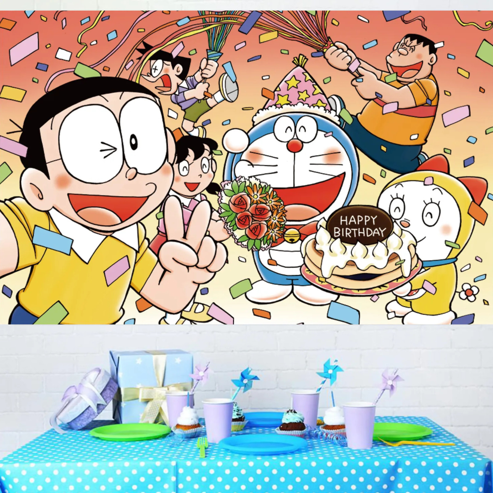 Doraemon Cartoon Party Backdrop 3 x 5 Foot Birthday Photo Banner Decoration