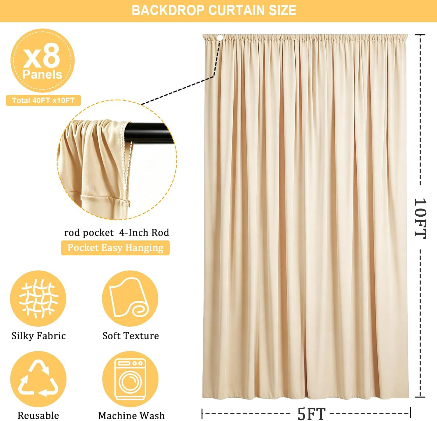 Warm Ivory Backdrop Curtain for Wedding, Polyester Photo Backdrop Drapes – 40FT