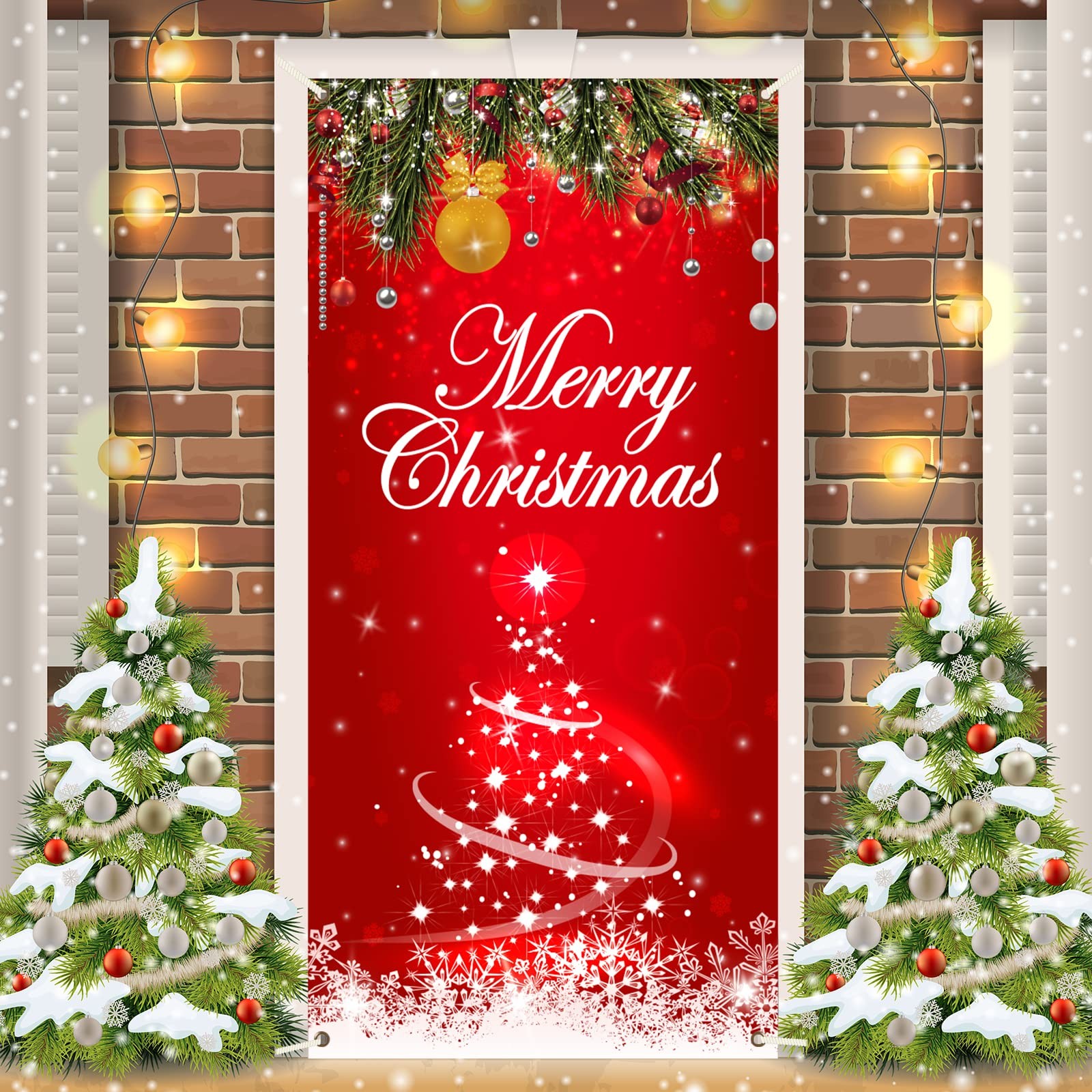 Merry Christmas Door Cover Red Xmas Backdrop Door Banner Santa Claus Merry Ch…