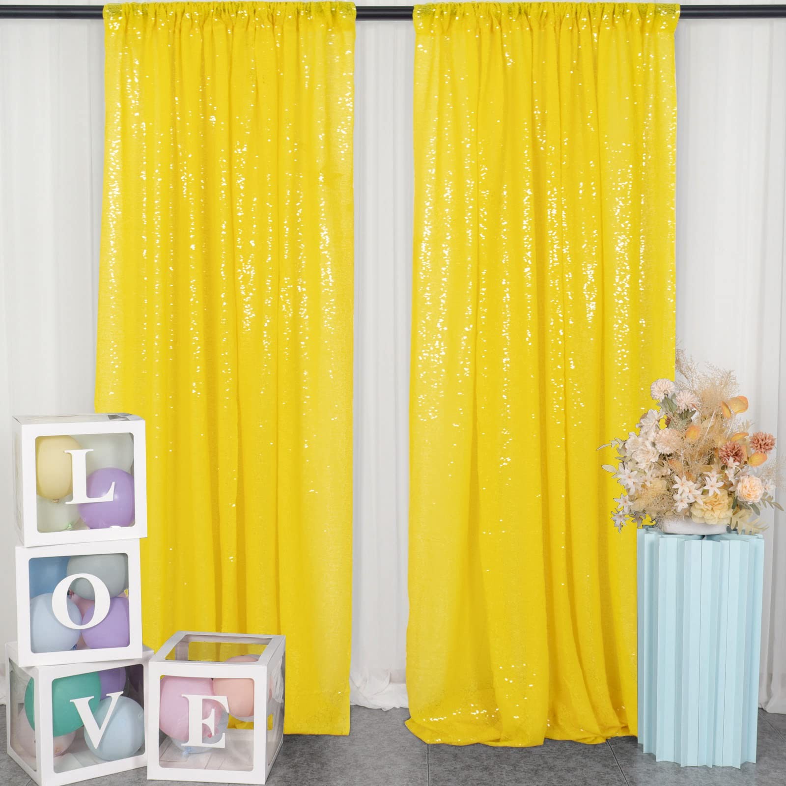 2 Panels 2×8 FT Yellow Sequin Curtains Photography Backdrop Prom Party Wedding