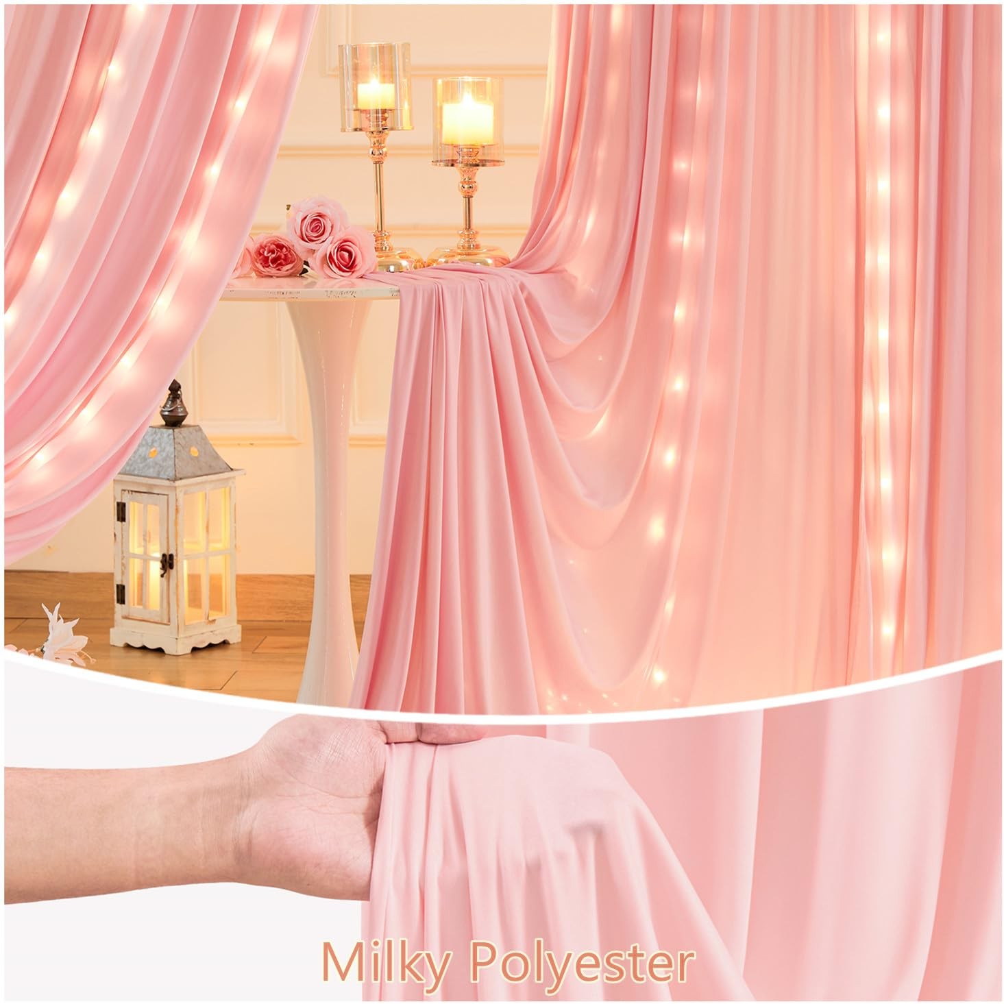 Dusty Pink Polyester Party Backdrop Curtains Drapes With Lights 10x10ft 2PK
