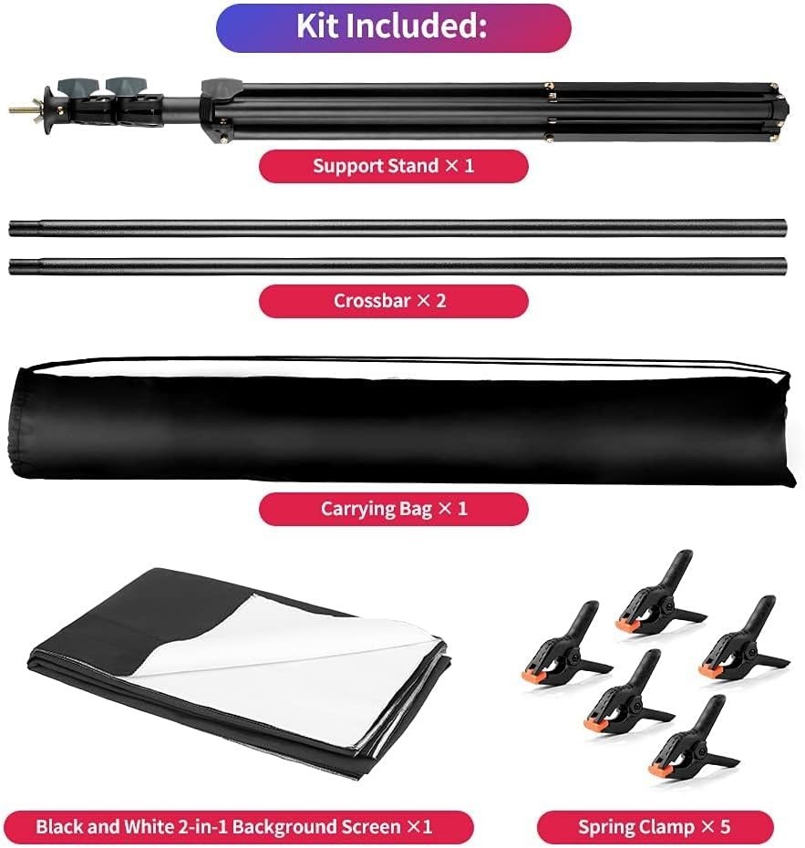 Professional 5×6.5ft Black & White Photography Backdrop with T-Shaped Stand