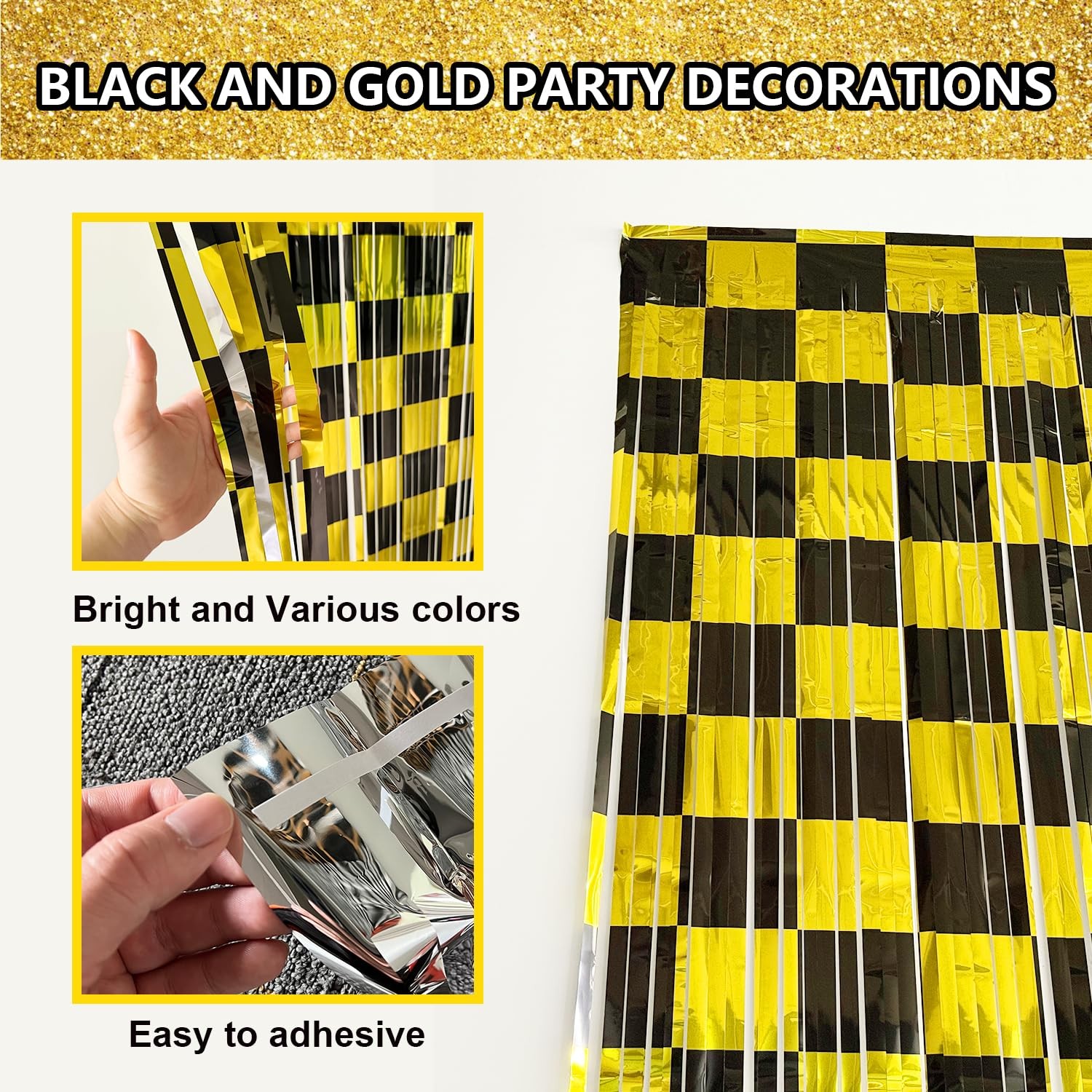 4 Pack Black Gold Foil Fringe Curtains Streamers Backdrop Party Decorations