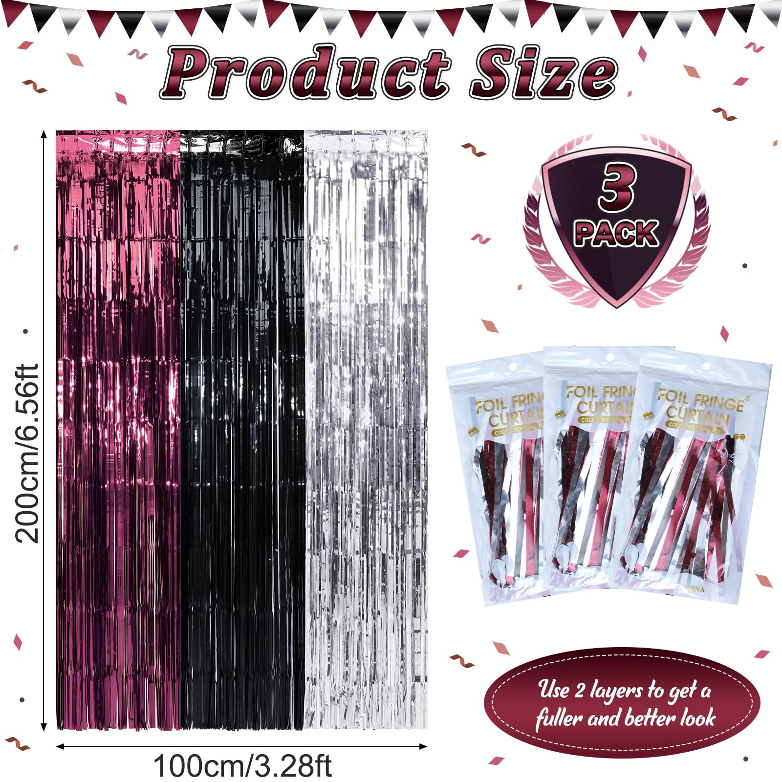 3 Pack Maroon Black Silver Graduation Metallic Foil Fringe Curtains Set