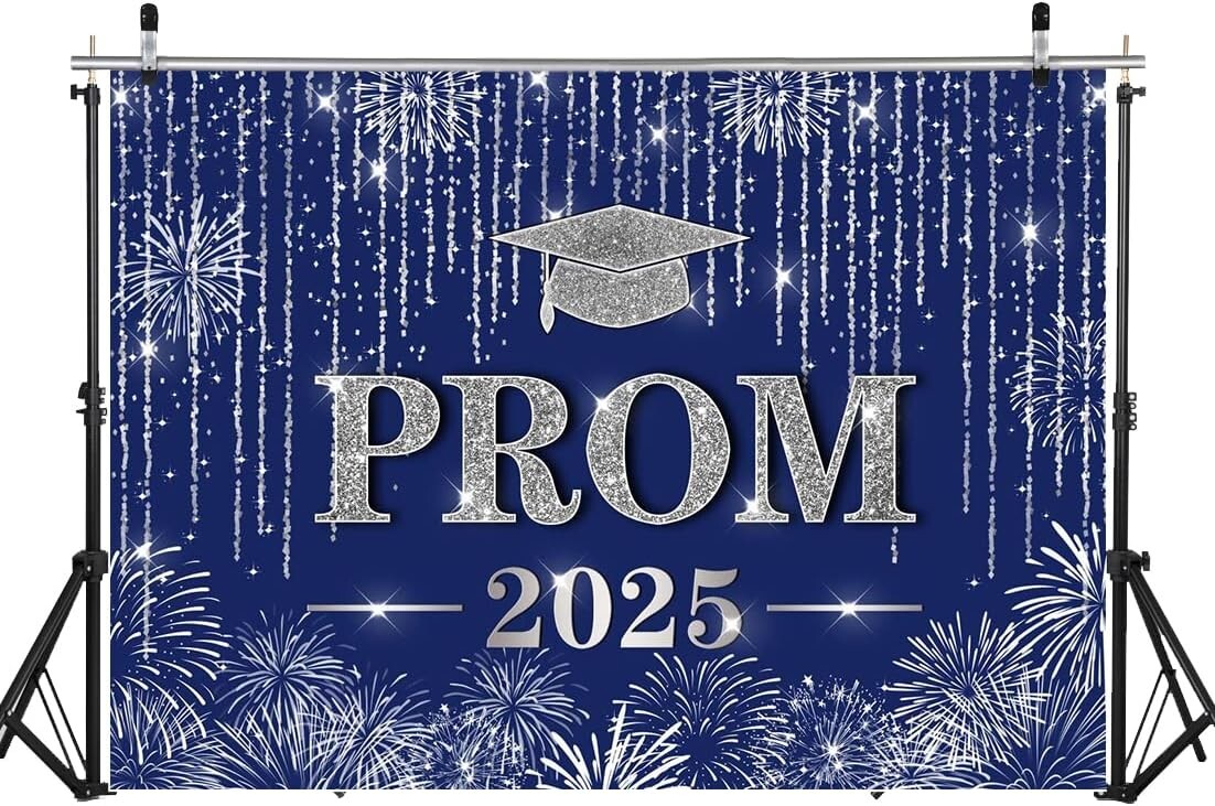 LYCGS 7X5ft Navy Blue and Silver Backdrop Class of 2025 Prom Party Decor Banner