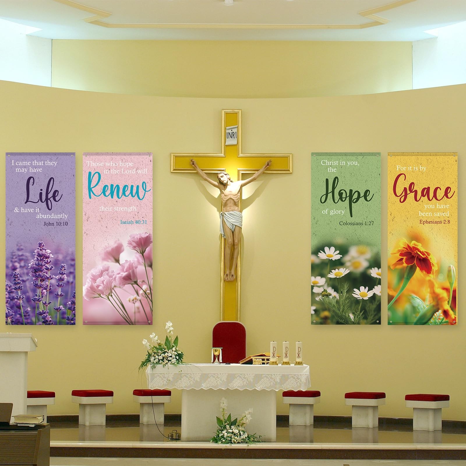 4Pcs Church Banner with Scripture for Sanctuary Wall Worship Classical Christ…