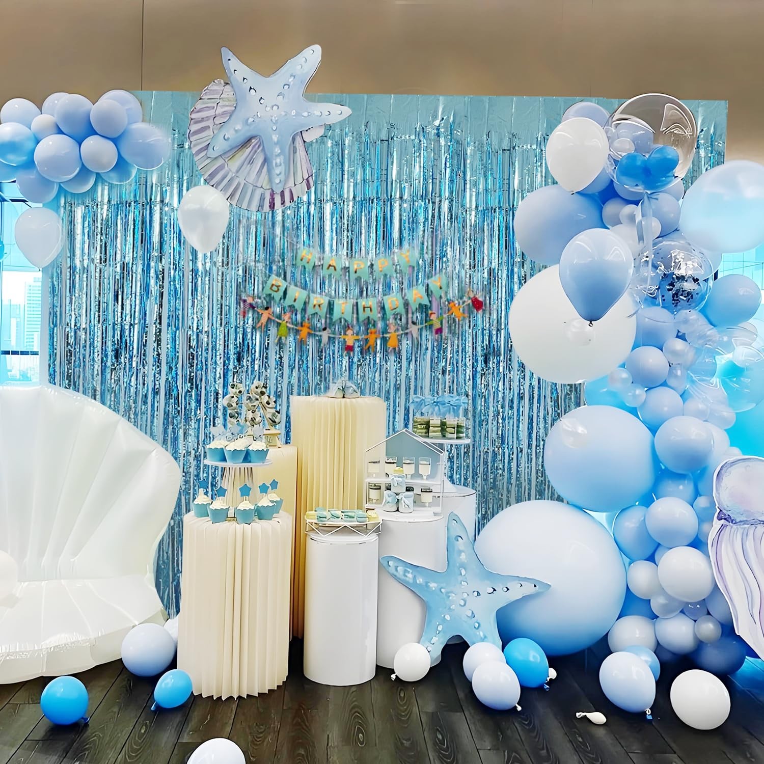 2 PCS Blue Streamer Party Decoration 3.3×8.2 Ft Light Blue Tinsel Foil Prop