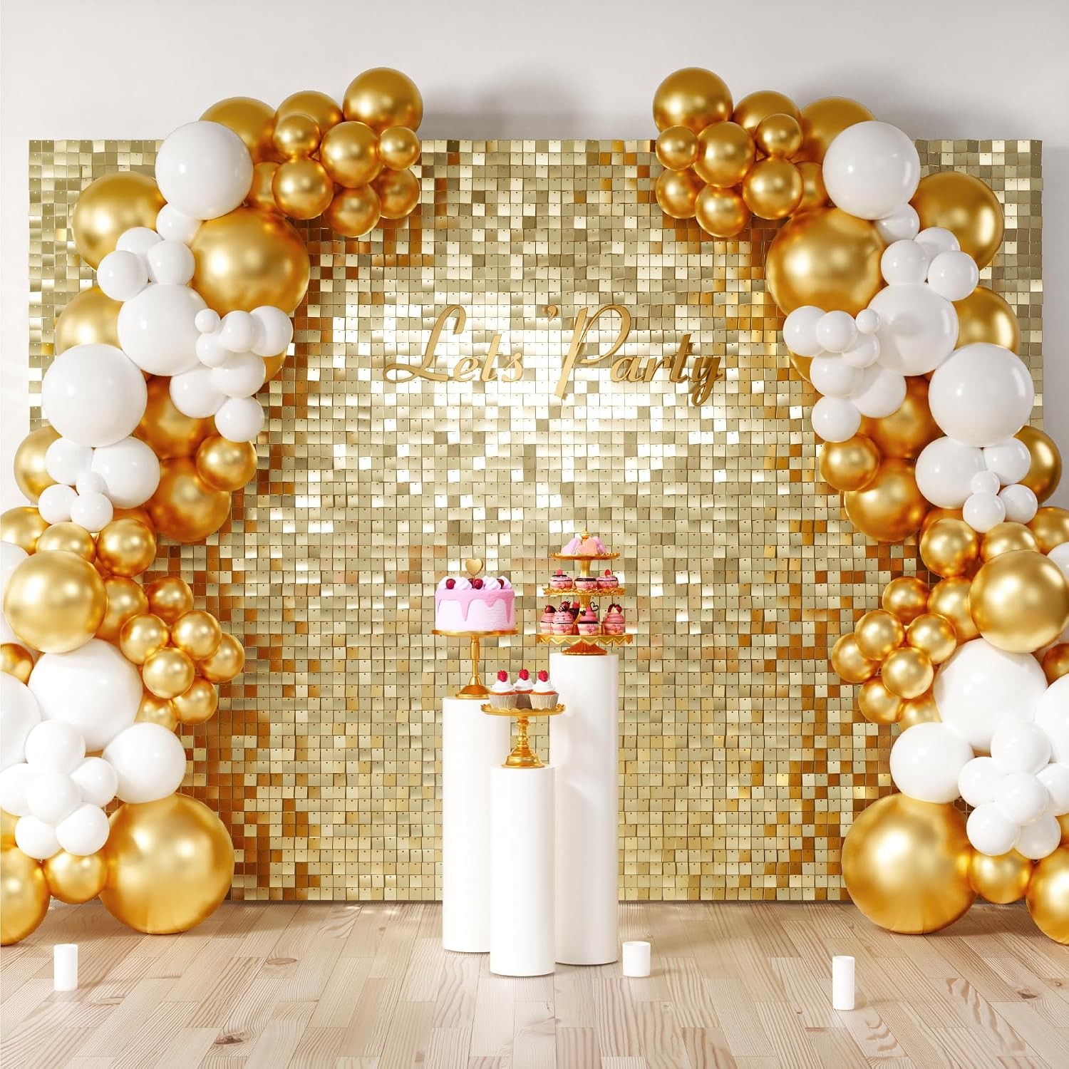 Light Gold Shimmer Wall Backdrop 24PCS Square Sequin Shimmer Backdrop Panel