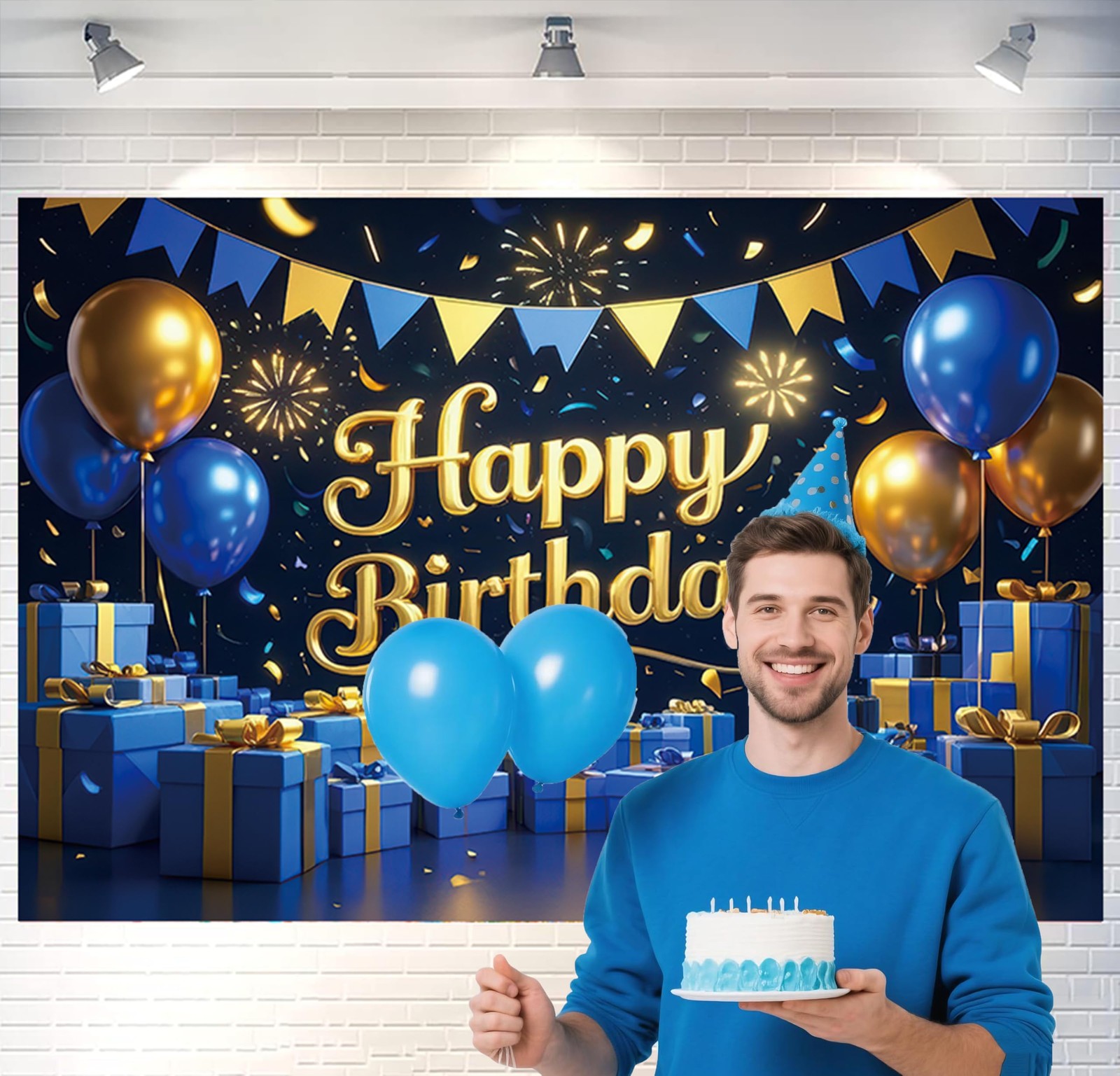 Blue Gold Happy Birthday Backdrop Banner Blue Gold Gift Boxes Photography Bac…