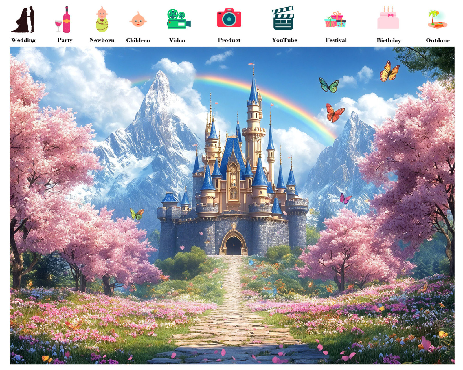 10x8ft Spring Pink Cherry Floral Blue Magic Castle Photo Background Studio Props