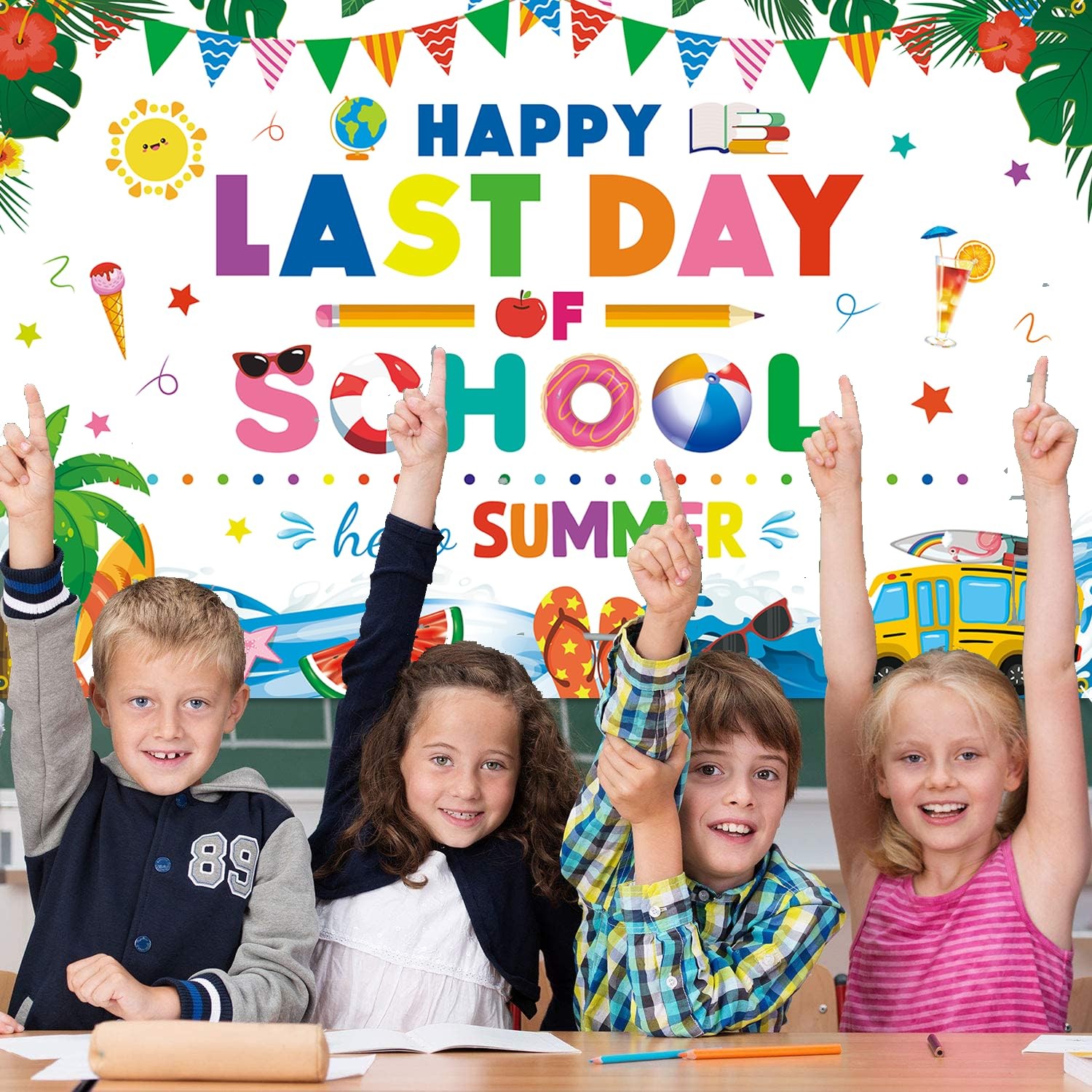 Happy Last Day of School Hello Summer Backdrop Banner End of School Year Them…