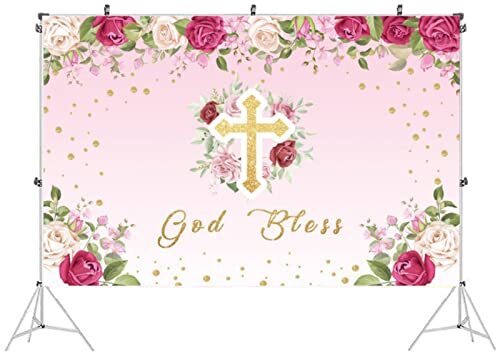 Pink Flower Girl God Bless Backdrop Baptism First Communion 7x5Ft Party Decor