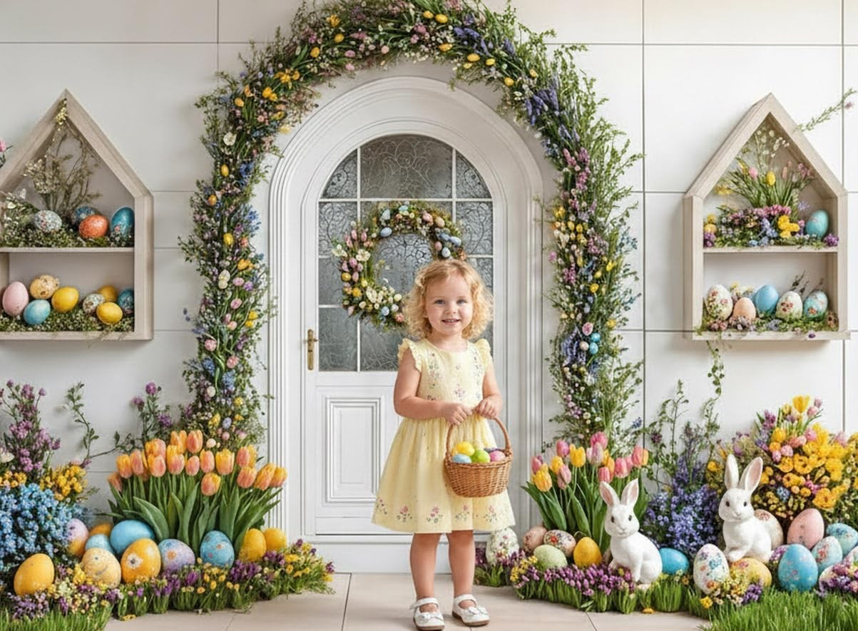 Colorful Easter Eggs Photography Backdrop White Rabbit Flowers 7×5 Ft Prop