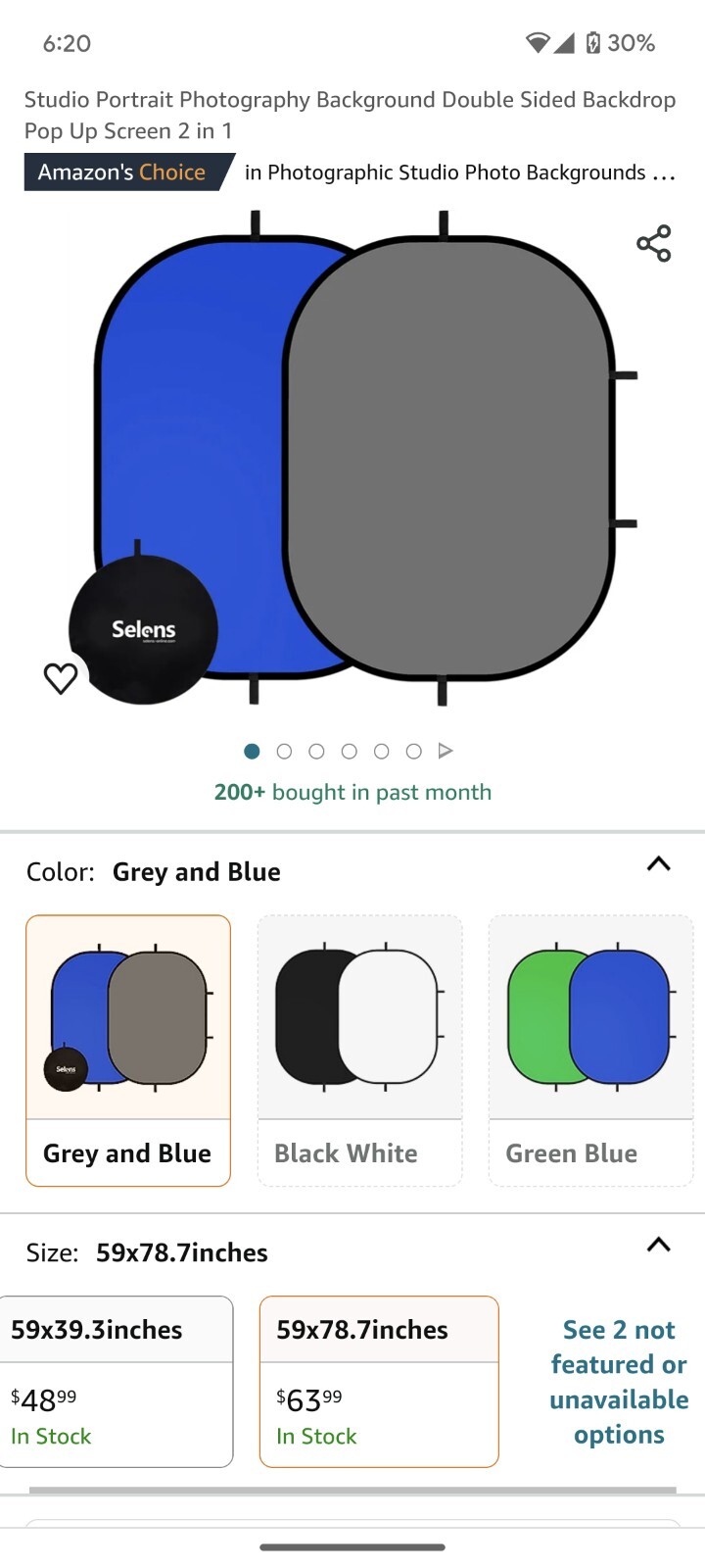 Selens 5X 6.5ft Portable Grey Screen Backdrop Double-Sided 2-in-1 Blue Screen